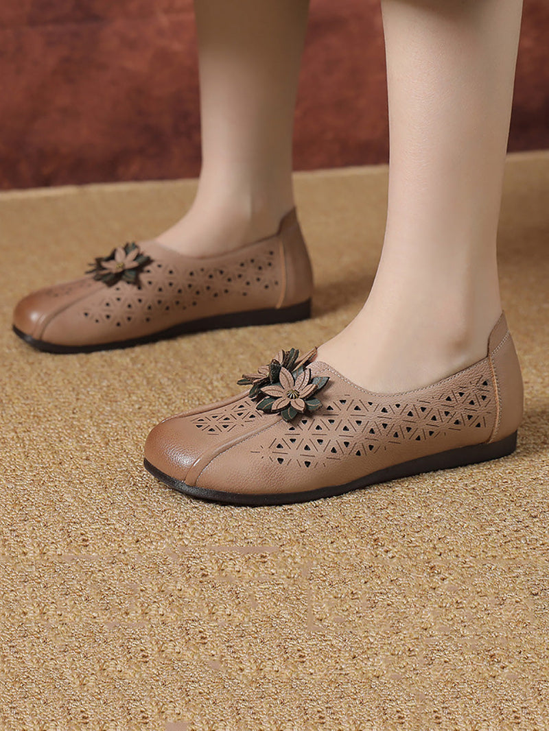 Leather Flower Cutout Flat Shoes Kl1034
