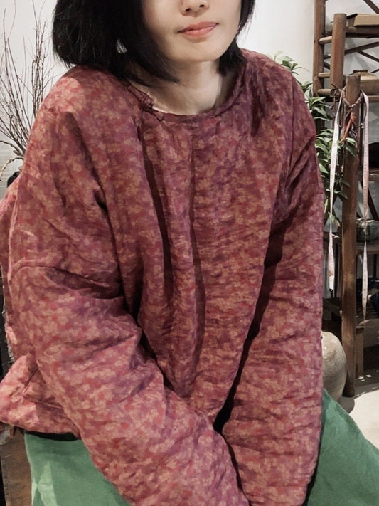 Autumn Flower O-neck Ramie Padded Coat Qn021