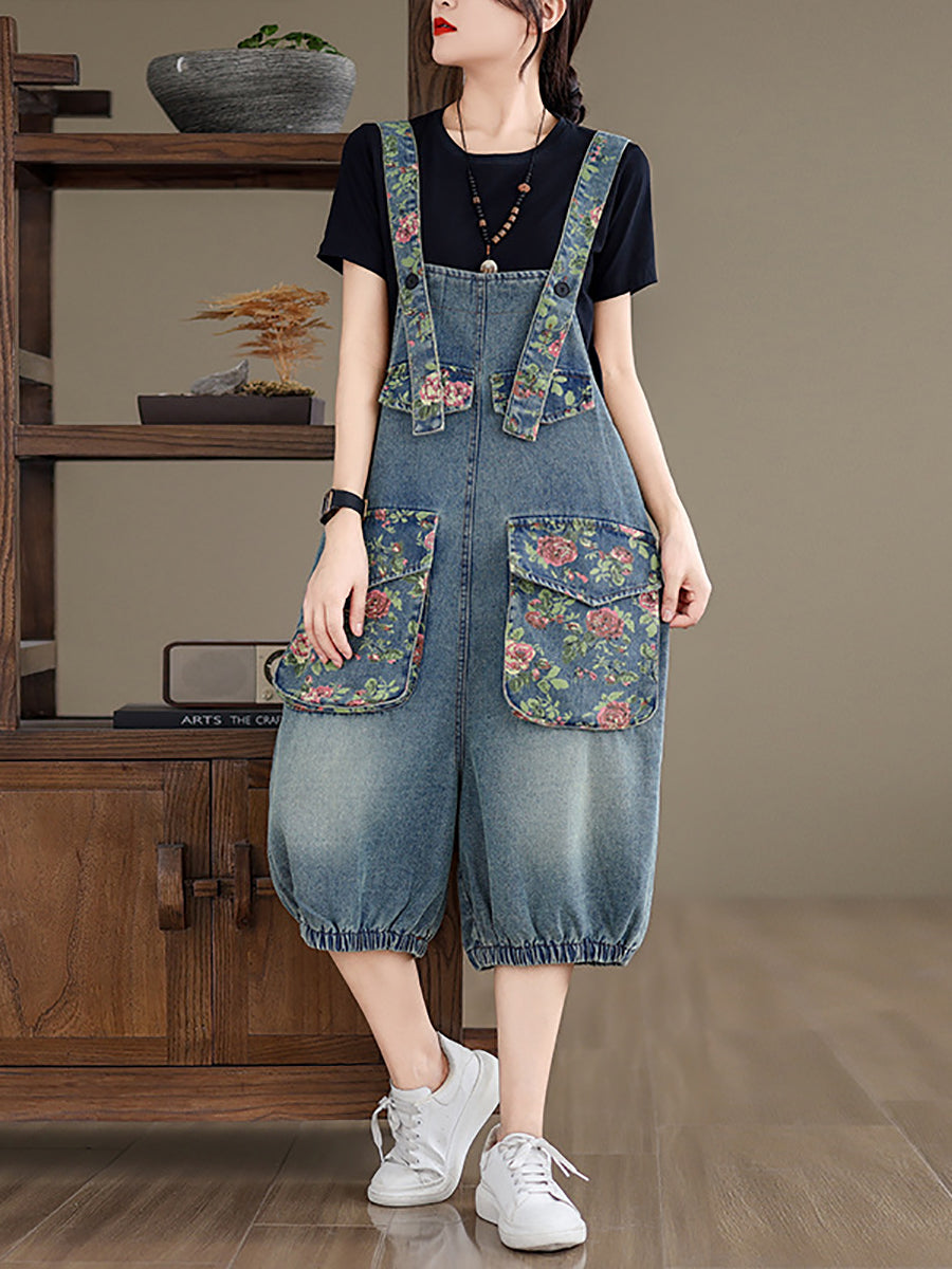 Summer Retro Flower Spliced Denim Jumpsuits Zz1021