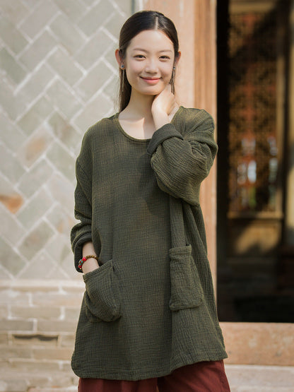 Autumn O-neck Cotton Blouse Av1021