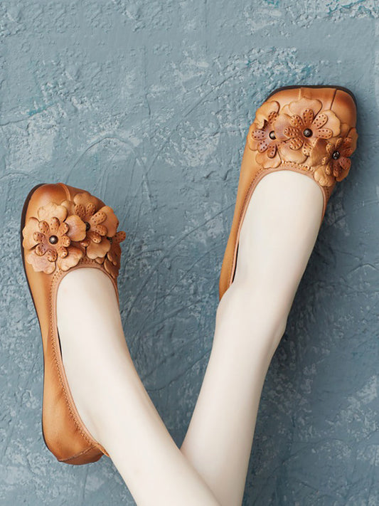 Artsy Summer Leather Flower Spiced Flat Shoes Zz1041