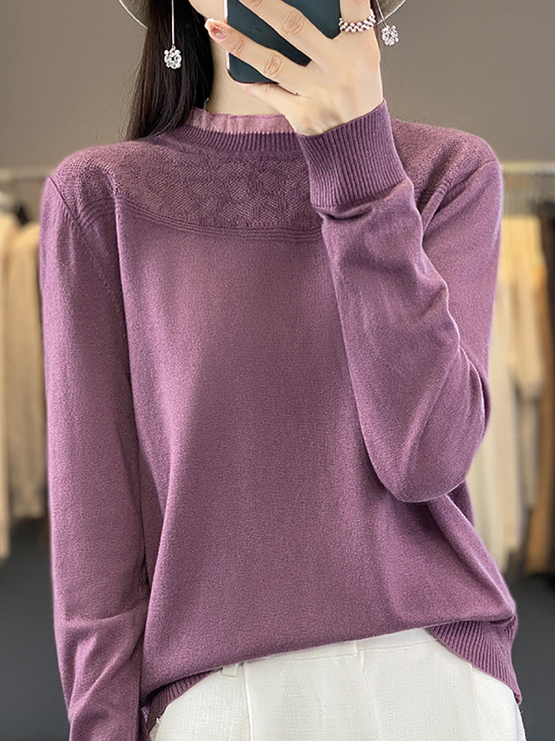 Autumn Lacework Neck 100%wool Loose Sweater Qm020