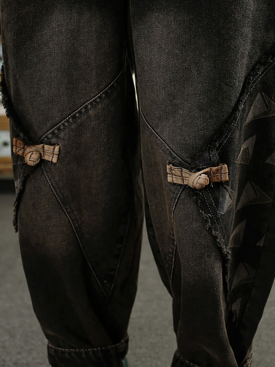 Autumn Patch Spliced Washed Denim Harem Pants Ai1052