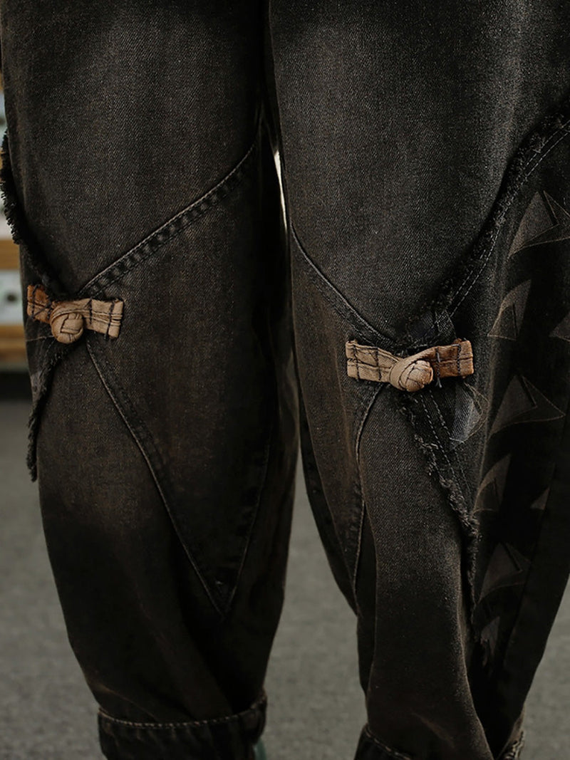 Autumn Patch Spliced Washed Denim Harem Pants Ai1052