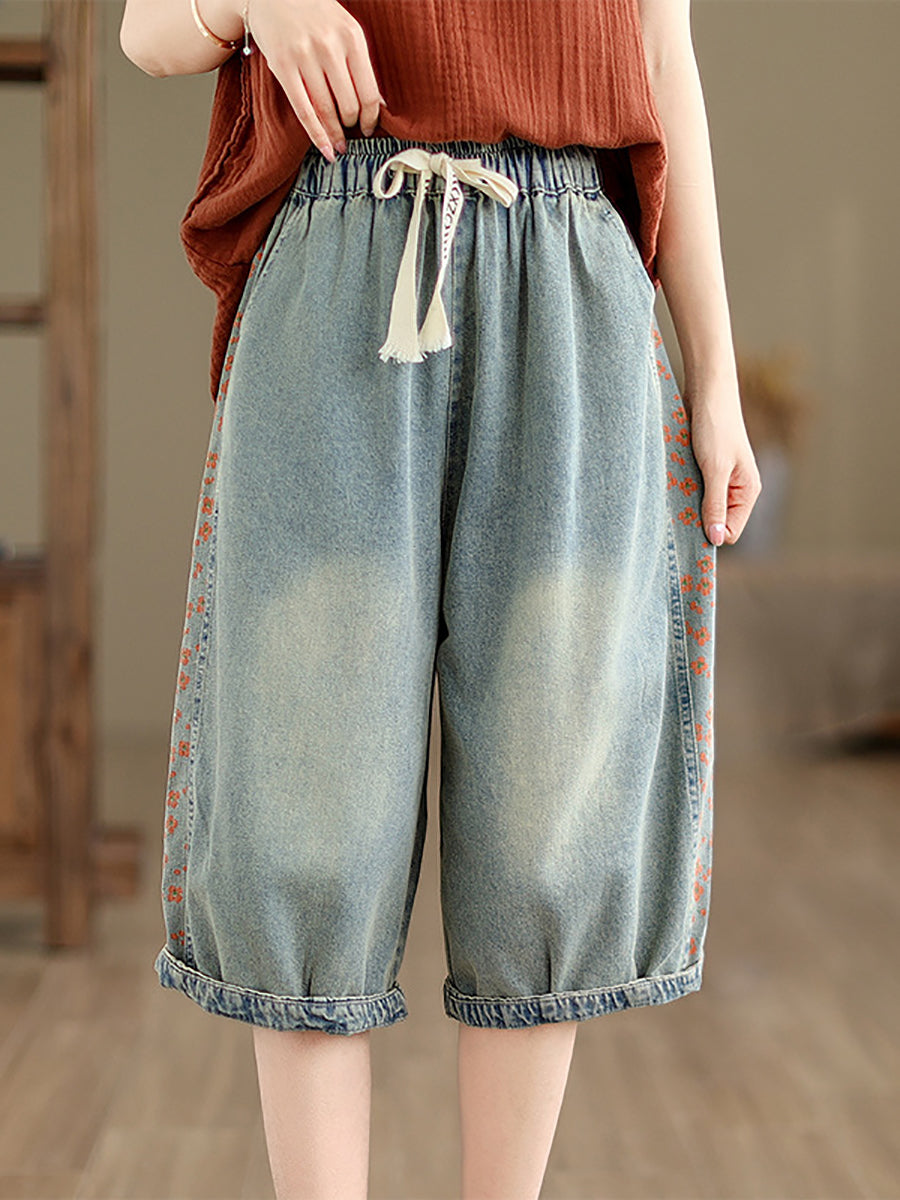 Summer Spliced Washed Denim Knee Length Pants Op1039