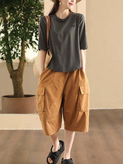Summer Pocket Loose Cotton Fifth Pants Fd022