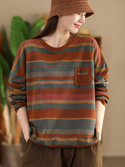 Autumn Colorblock Stripe O-neck Cotton Sweatshirt Ai1027