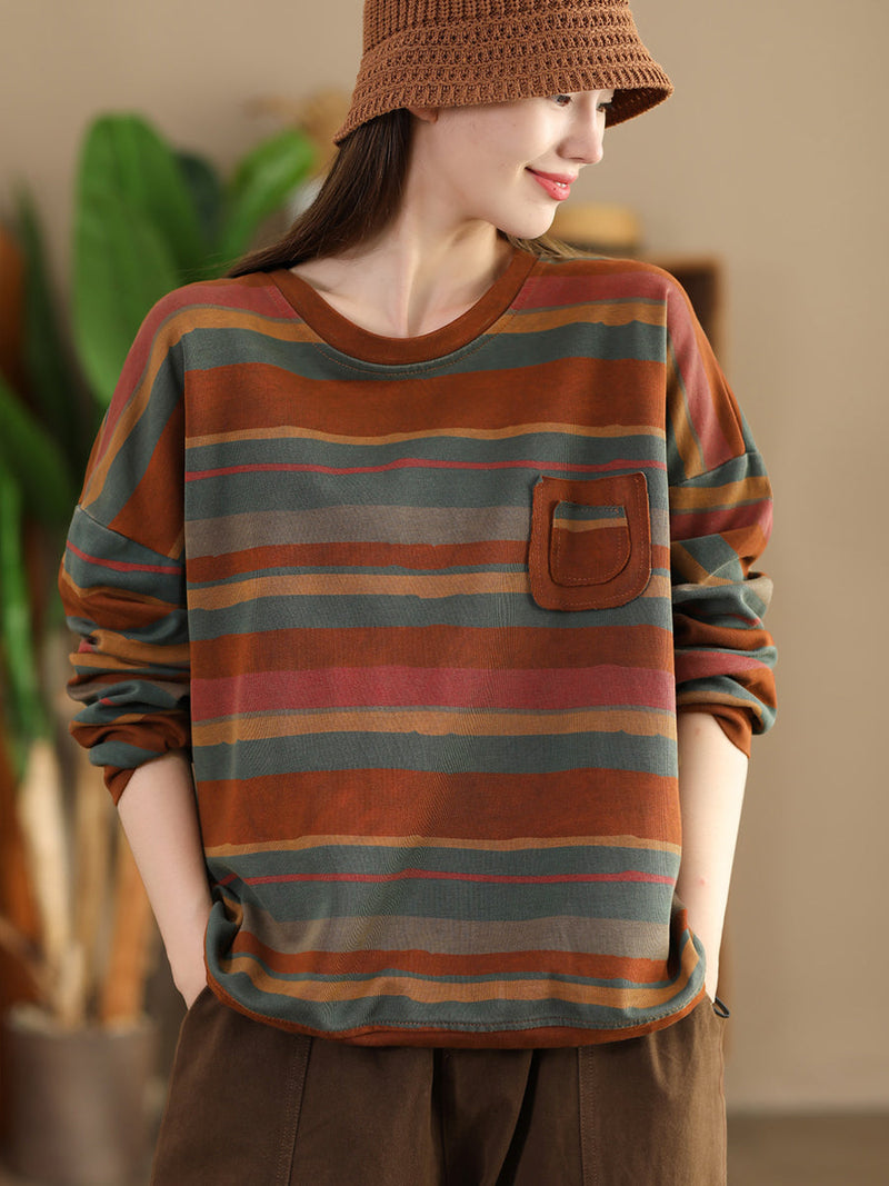 Autumn Colorblock Stripe O-neck Cotton Sweatshirt Ai1027