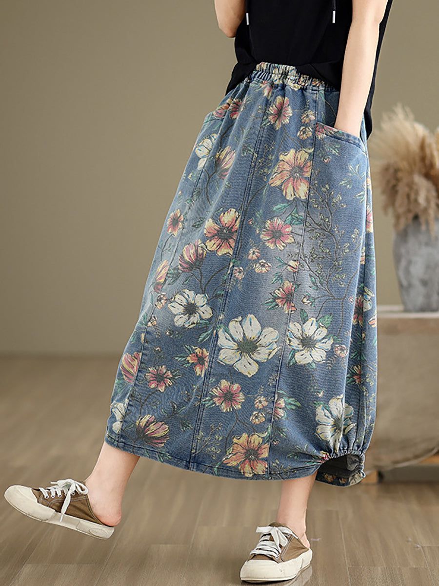 Summer Flower Spliced Denim Skirt Xx1027