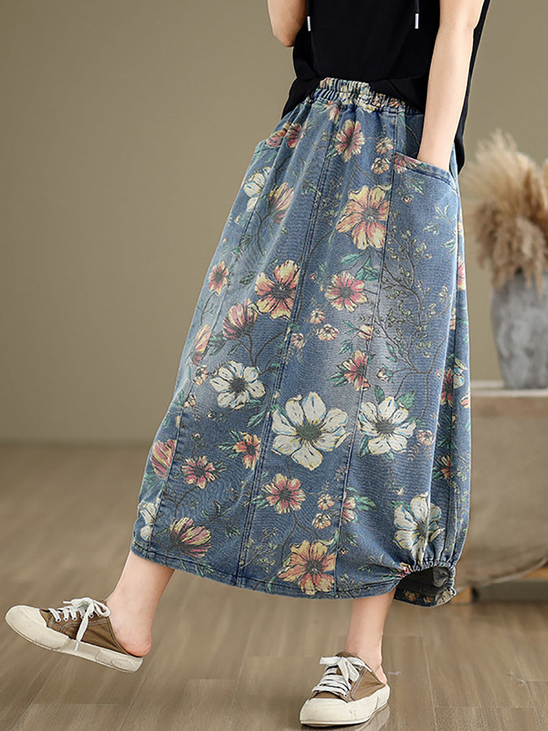 Summer Flower Spliced Denim Skirt Xx1027