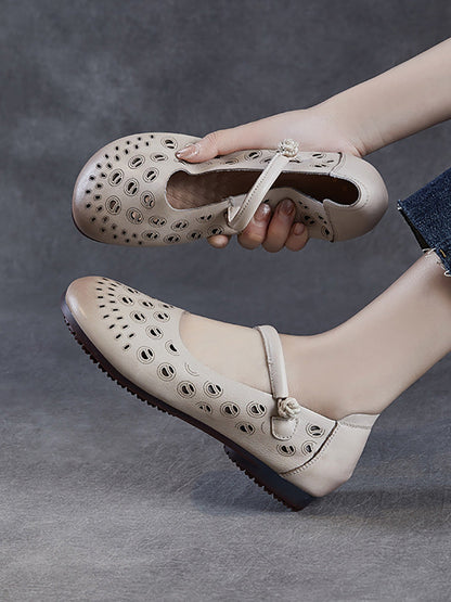 Genuine Shoes Summer Hollow Out Heel Low Leather