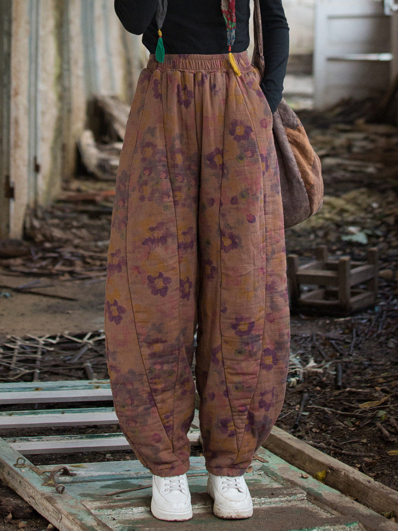 Winter Retro Flower Cotton Paaded Harem Pants Wu003