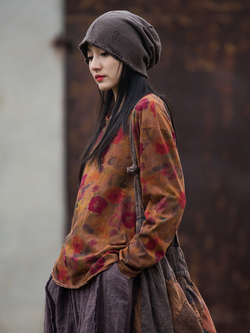 Autumn O-neck Flower Cotton Blouse At1008