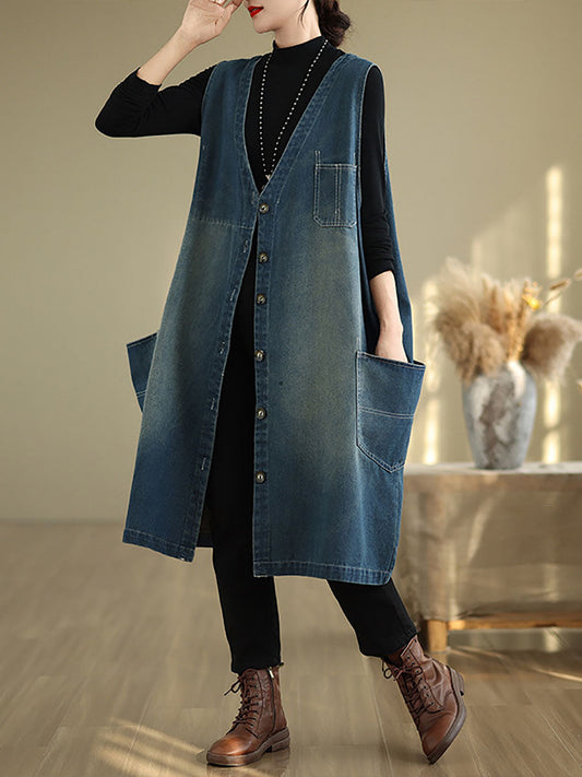 Summer Spliced V-neck Button-up Denim Vest Coat At1007