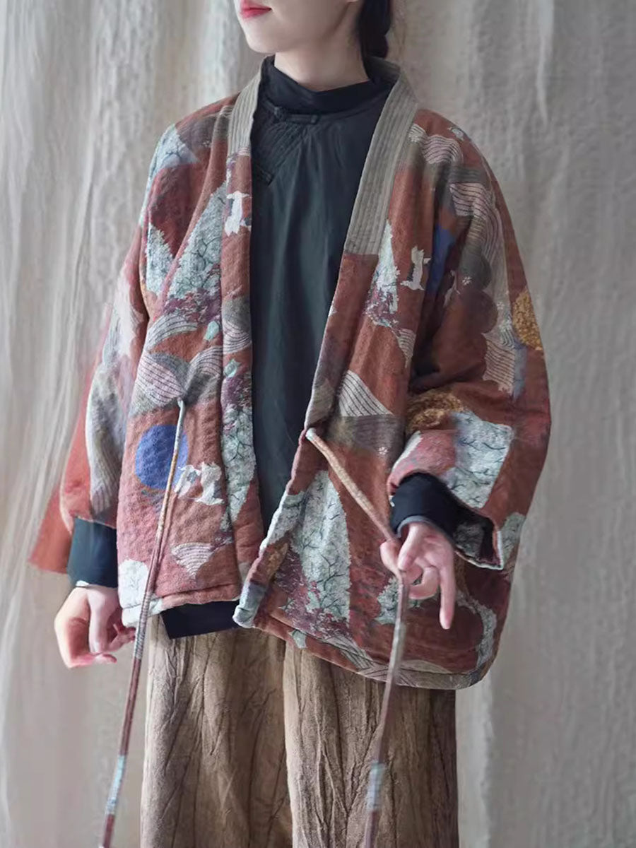 Autumn Print Strap Cotton Padded Coat Wg020