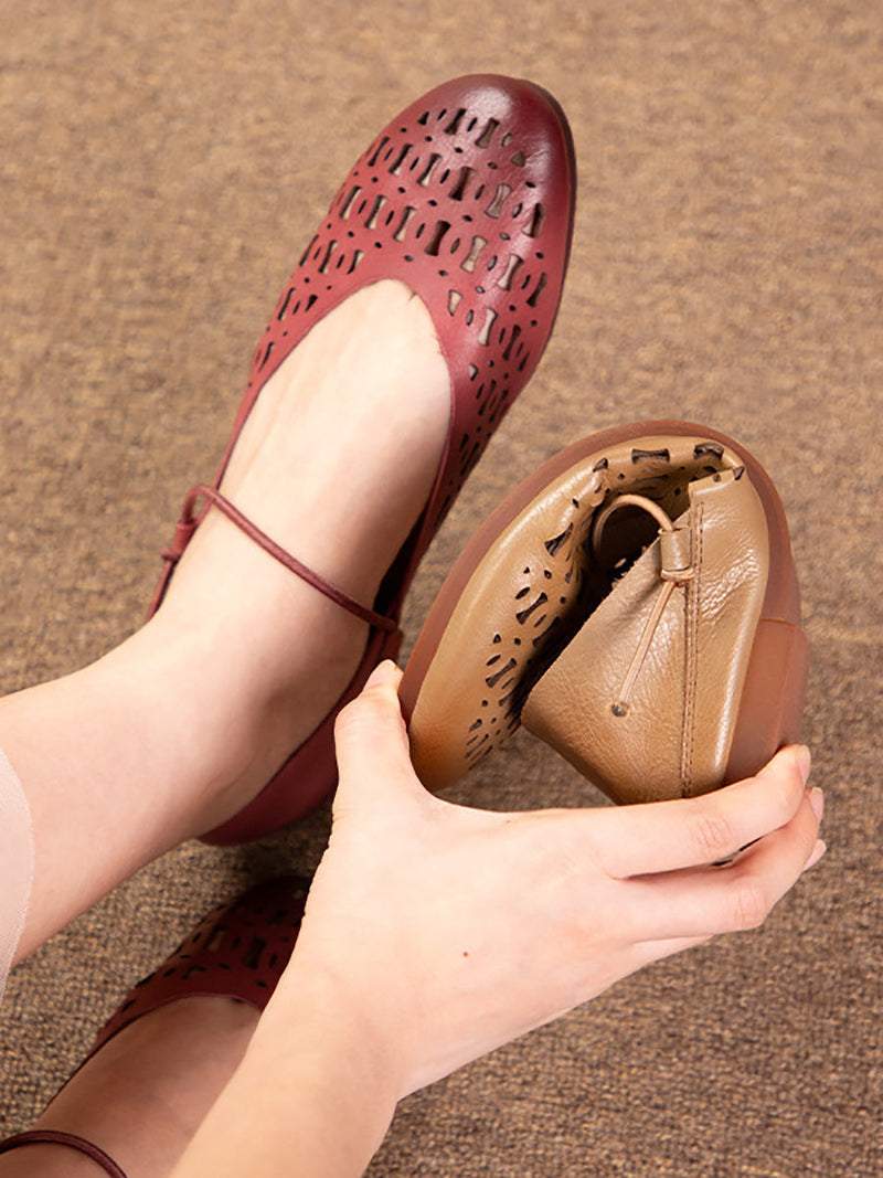 Artsy Summer Genuine Leather Cutout Flat Shoes Ll052