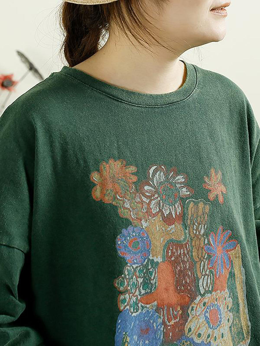 Autumn Flower O-neck Cotton Blouse At1002