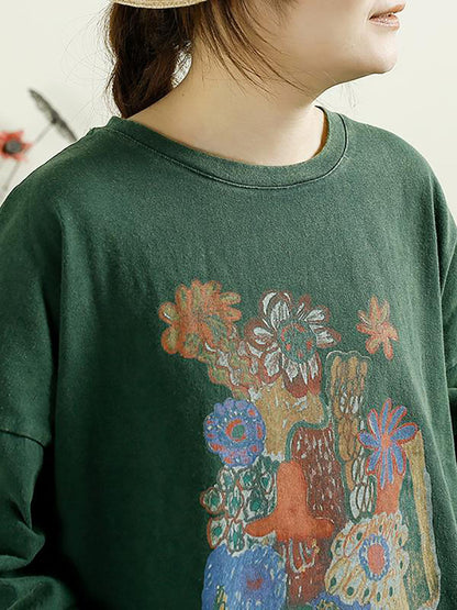 Autumn Flower O-neck Cotton Blouse At1002