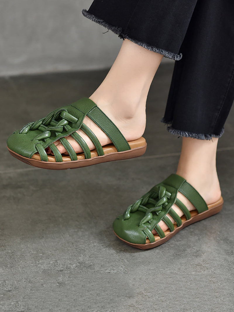 Summer Leather Spliced Flat Slippers Ui1025