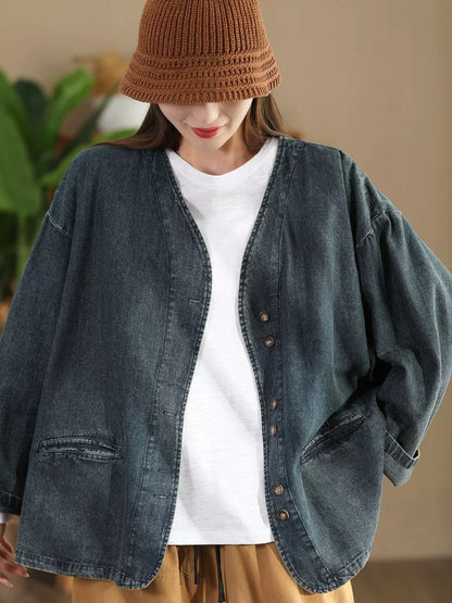 Autumn Pure Color V-neck Denim Coat At1039