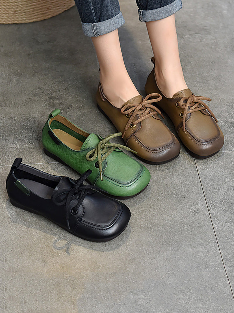 Summer Retro Leather Square Toe Flat Shoes Cx041