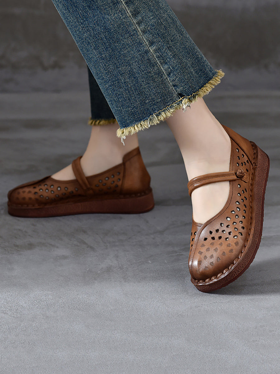 Summer Leather Cutout Leather Flat Shoes Oo1018