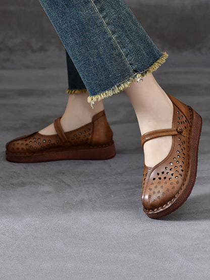 Summer Leather Cutout Leather Flat Shoes Oo1018