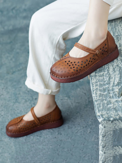 Summer Leather Spliced Cutout Flat Sandals Fg1029