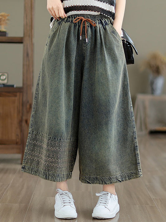 Summer Embroidery Wide-leg Denim Pants Cc010