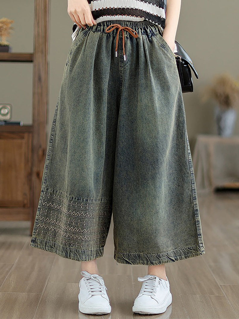 Summer Embroidery Wide-leg Denim Pants Cc010