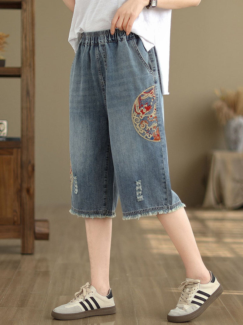 Summer Embroidery Knee-length Denim Pants Io1023