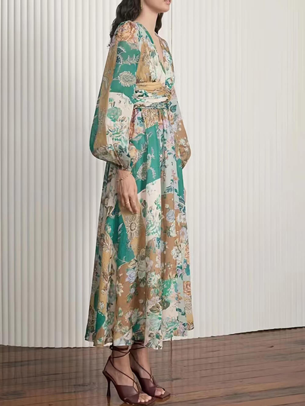 Hand-painted Printed V-neck Waist Midi Dress