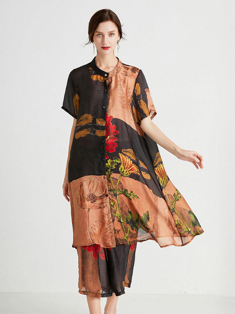 Artsy Flower Spliced Long Shirt+pants Hh053