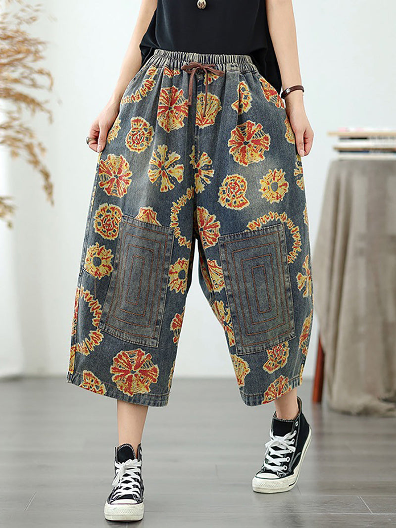 Straight Pants Retro Capri Flower Denim