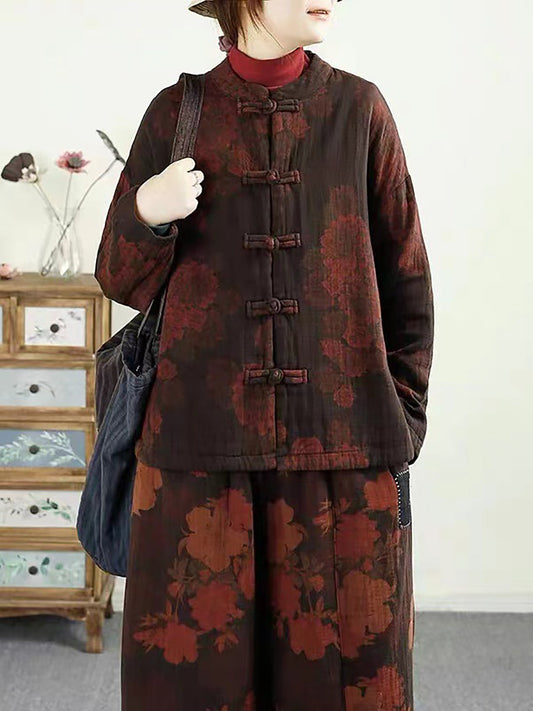 Autumn Flower Buckle Cotton Stand Collar Coat Ba1046