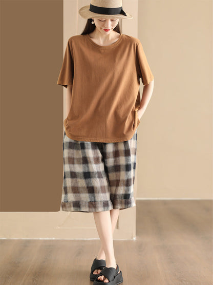 Summer Plaid Linen Wide-leg Pants Pp1028