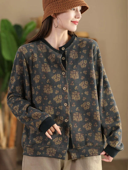 Flower Colorblock Button Cotton Coat At1027