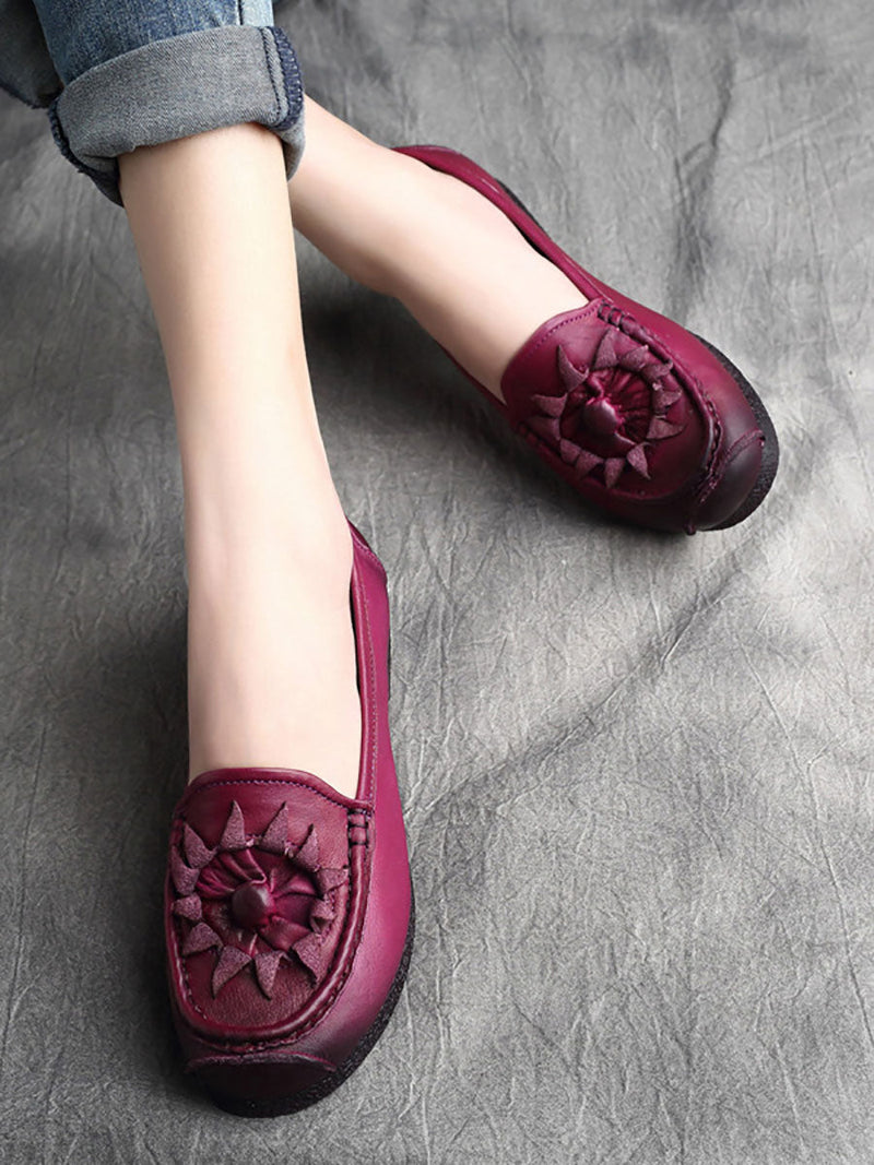 Flower Genuine Leather Low Heel Shoes As1005
