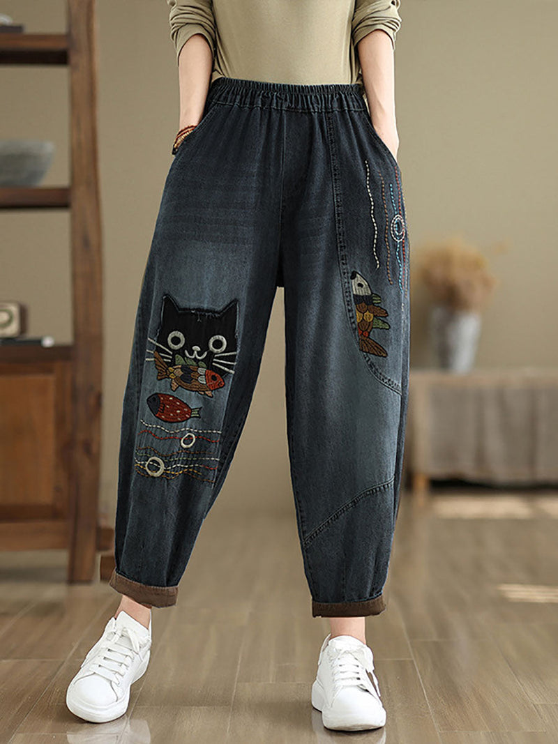 Autumn Cat Patch Spliced Denim Harem Pants Av1004