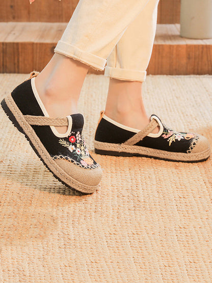 Summer Artsy Flower Embroidery Linen Cotton Shoes At1080