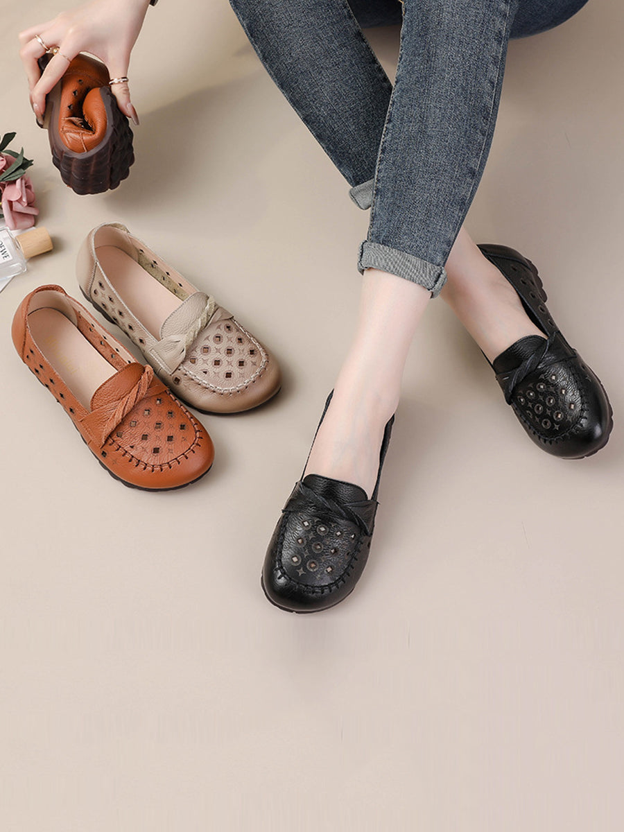 Leather Cutout Spliced Low Heel Shoes Rr1047