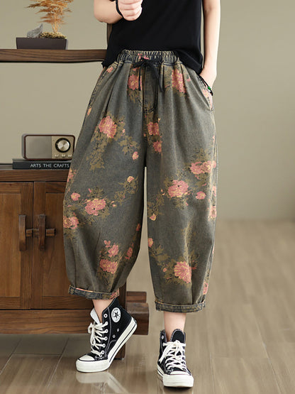 Summer Retro Flower Denim Loose Pants Ii1003