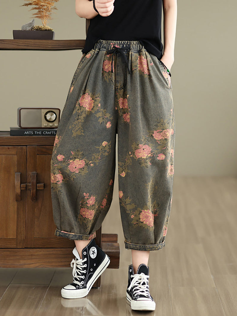 Summer Retro Flower Denim Loose Pants Ii1003