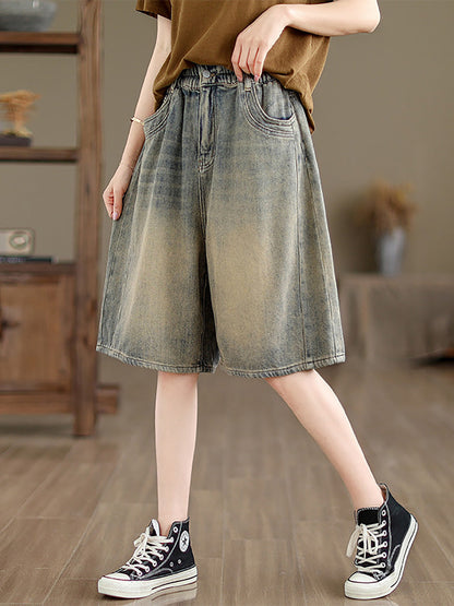 Summer Worn Denim Wide-leg Fifth Pants Cc037