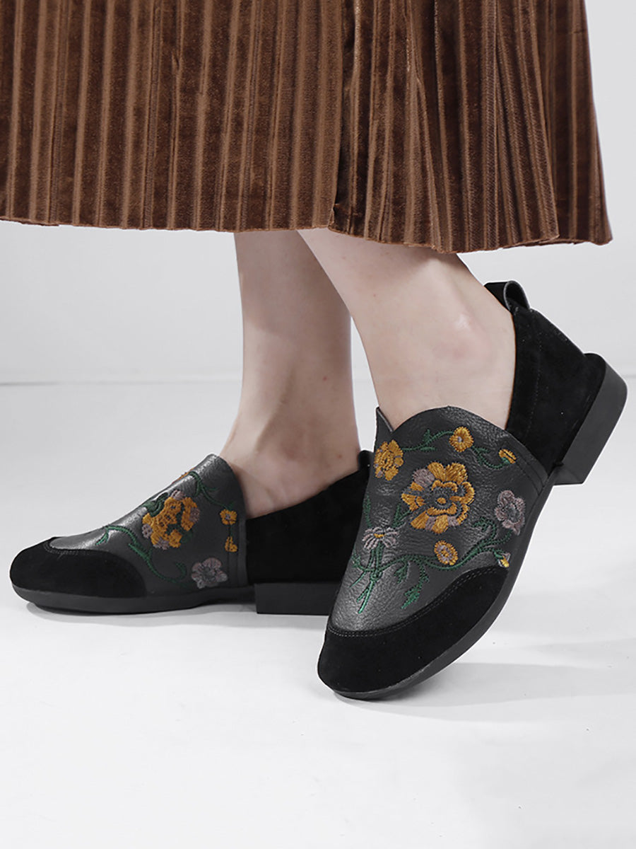 Autumn Embroidery Leather Low Heel Shoes Ai1020