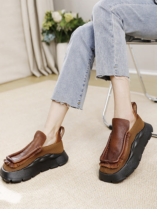 Retro Genuine Leather Spliced Platform Shoes Ah1077