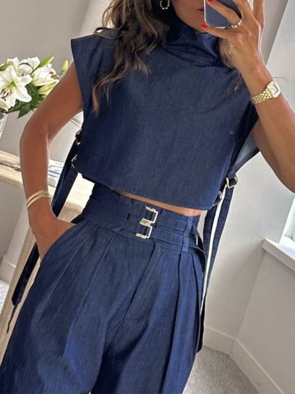 Cut Out Vest High-neck Suit Pants Set