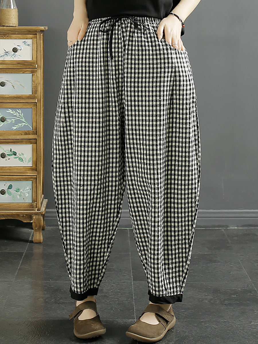 Plaid Summer Cotton Harem Pants Qw1044