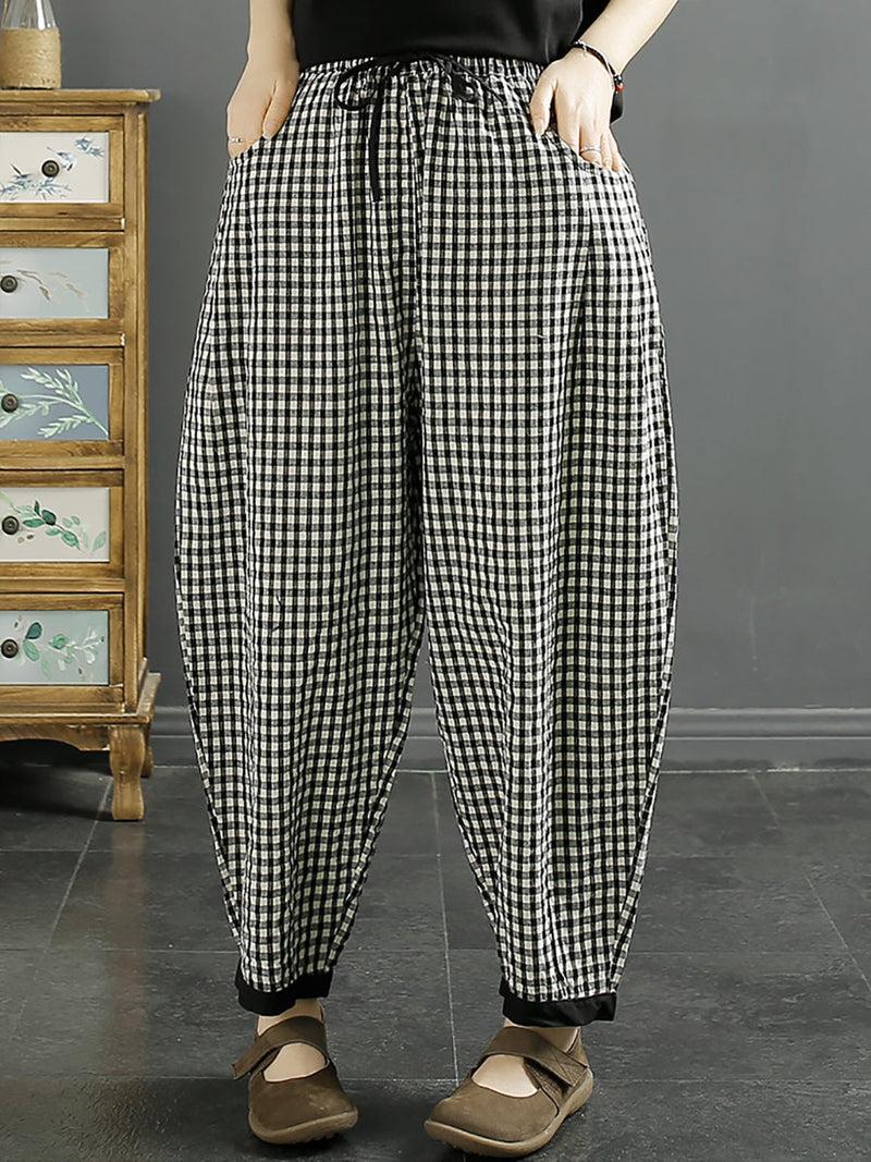 Plaid Summer Cotton Harem Pants Qw1044
