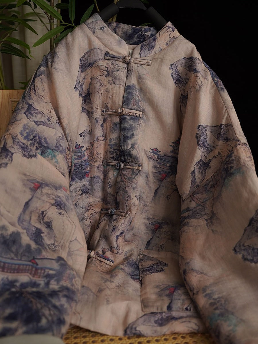 Autumn Print Button Stand Collar Ramie Coat At1053